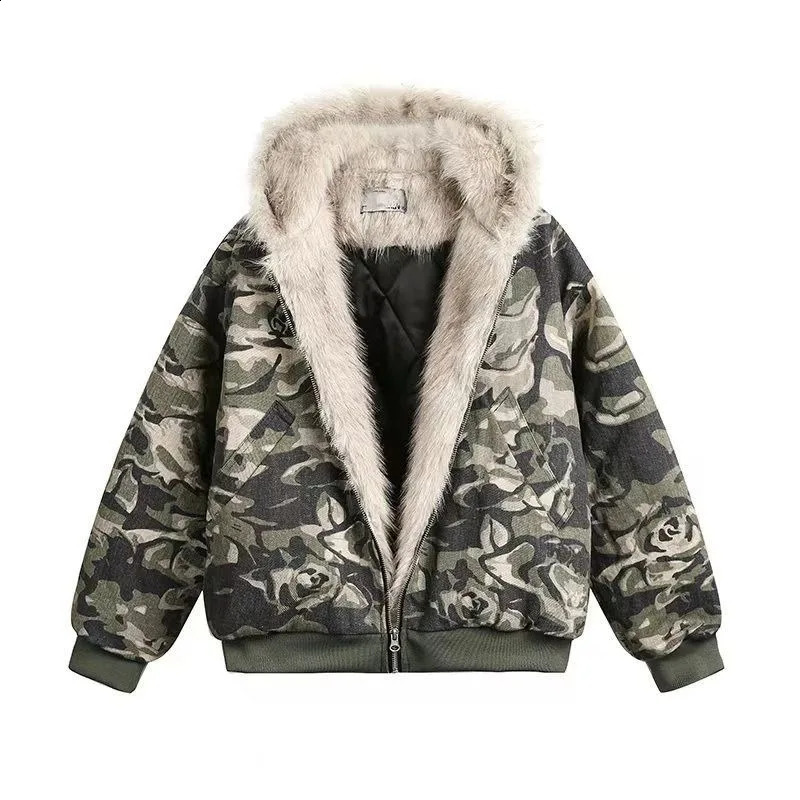 American Fashion Camouflage Fur Collar Padded Jacket Men Y2K Vintage Hiphop Pop Punk Baggy Hooded Couples Casual Coat 250109