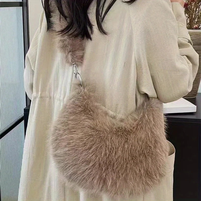 Luxurious Faux Fur Shoulder Bag - Chic Trendy Underarm Purse with Pearl Chain Strap Polyester Lined Interior 250122