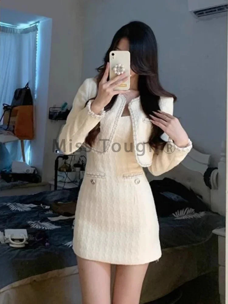 White France Vintage Two Piece Set Women Korean Slim Party Dress Suit Female Short Sweet CoatElegant Strap 2024 250122