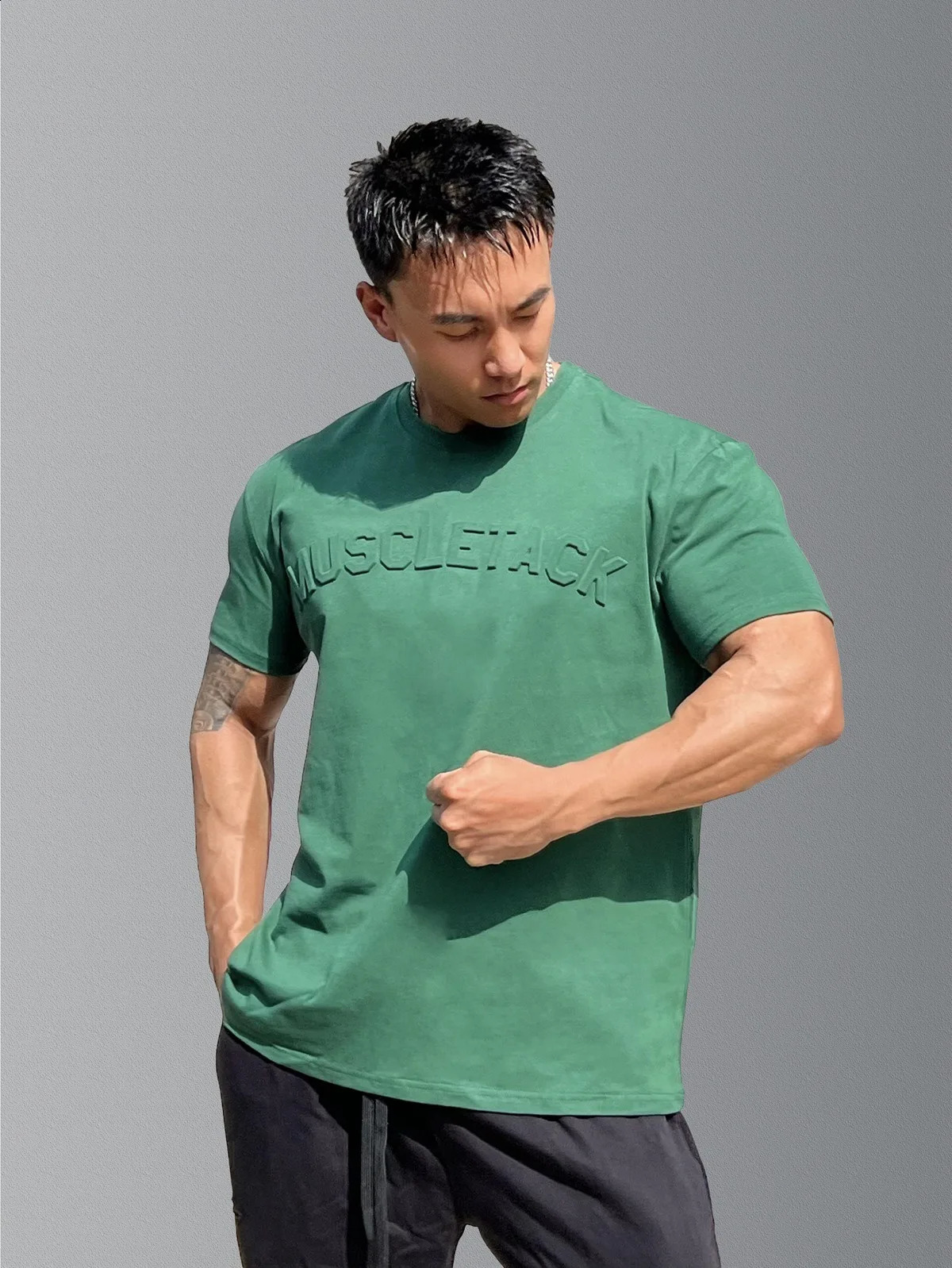 Gym Green Muscle Sports Loose Fashion n Letter Short Sleeve Mens Street Running Training Elastic TShirt 250108