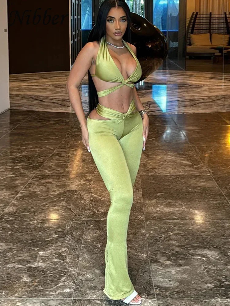 BWQ Knot Hollow 2 Piece Set Women Midnight Cross Halter Tank TopsPanelled Stripes Low Waist Pants Clubwear Matching Suit 250122