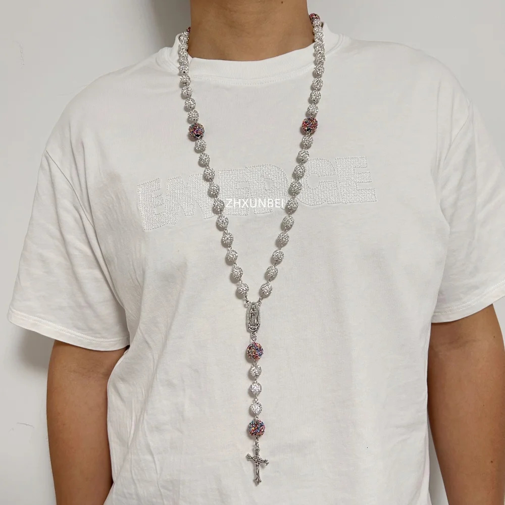 1PC Hip Hop Necklace Rhinestone Rosary Pendant 10mm Disco Ball Beads Virgin Rosary of Guadalupe Men Cluster Fashion Jewelry 250122