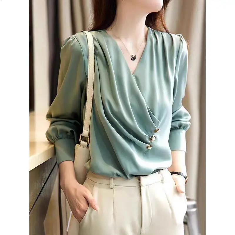 Womens Satin Blouse Solid Color Long Sleeve V-neck Shirts Office Lady Wear Elegant Female Clothes Spring Fashion Top 250107
