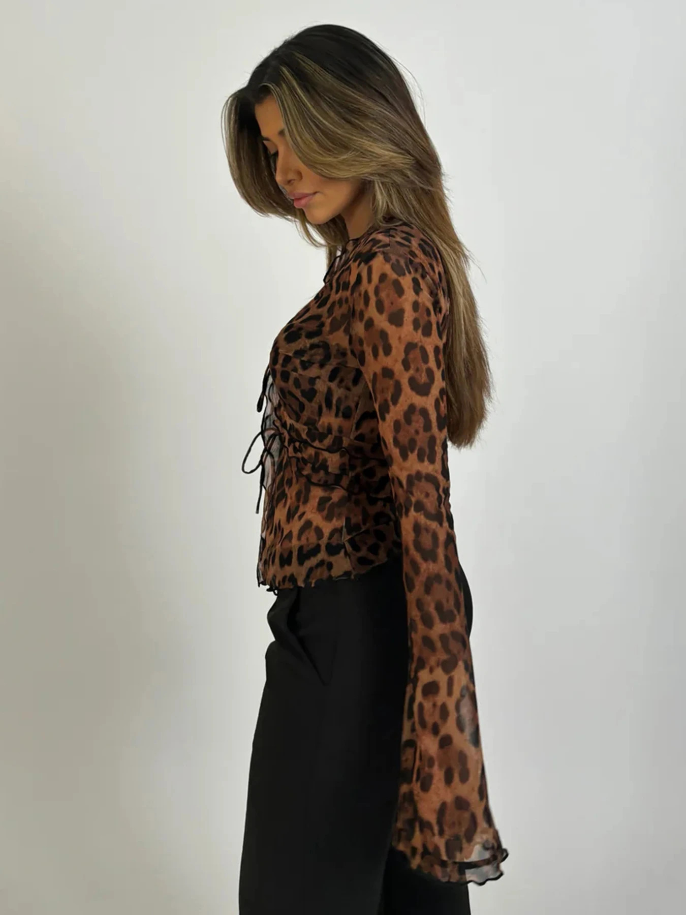 Rockmoer Leopard Print Mesh Shirts Sexy See Through Ruffled Long Sleeve Tie Front Womens Cardigan Tops Y2K Retro Slim Blouses 250118
