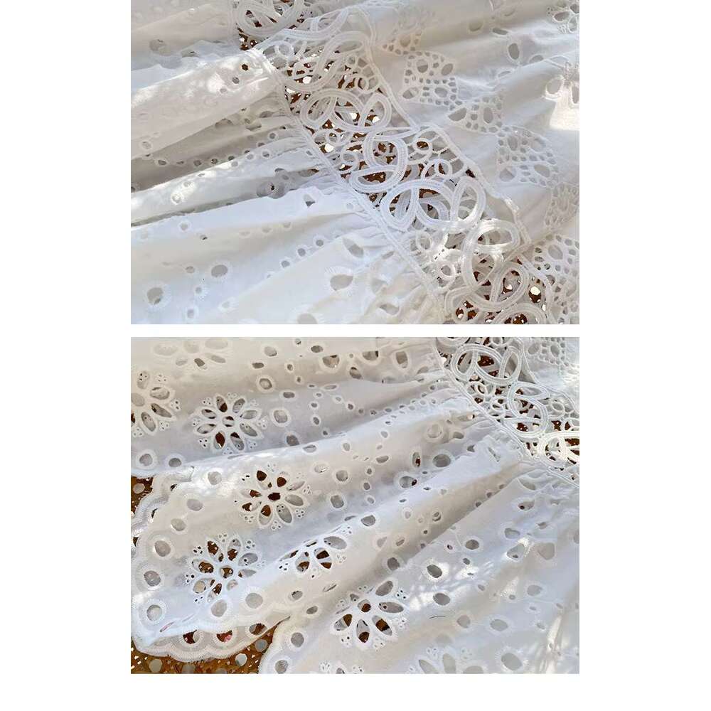 New Embroidery White V Neck Short Sleeve Holiday Cotton Lace Dress Retro Hollow Out Daily Dresses Vestidos