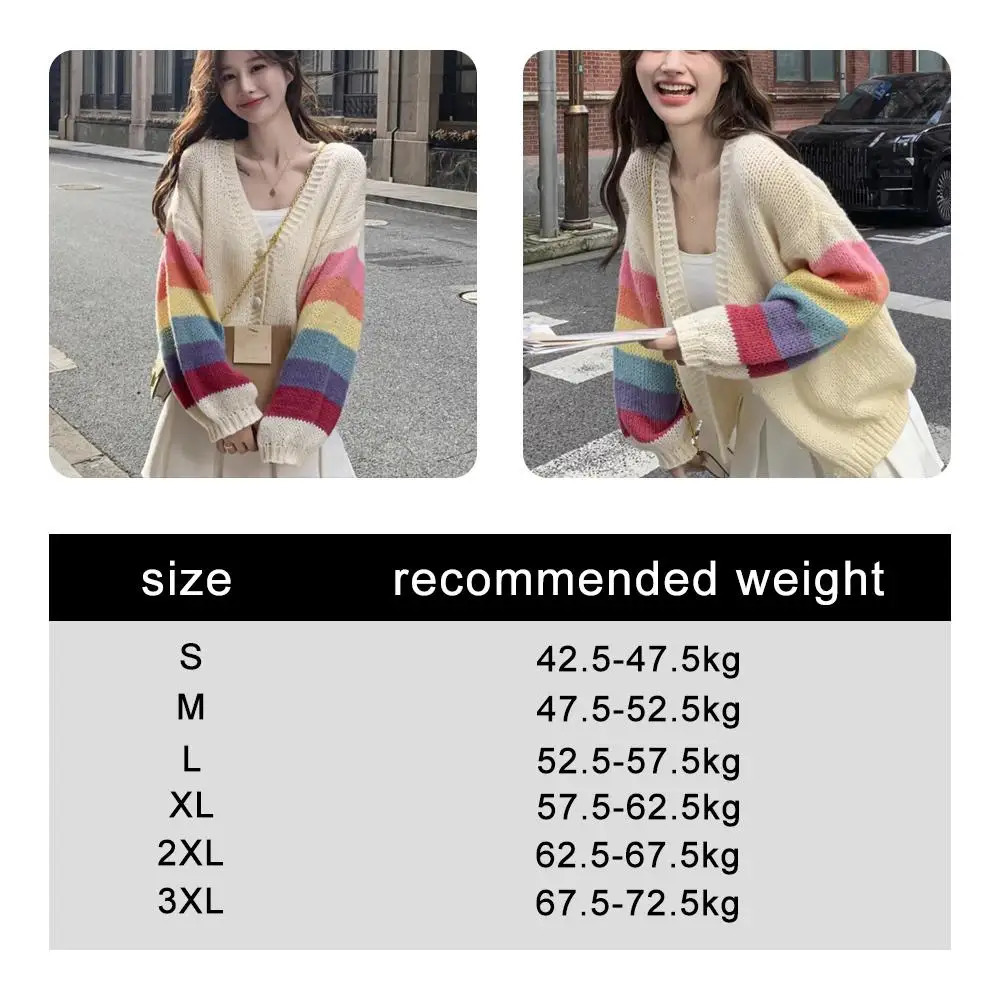 Fashion Rainbow Sweet Cardigan Sweaters Women Autumn Thin Casual Korean Knitted Coat V-Neck Loose Long Sleeve Tops Outwear 250121