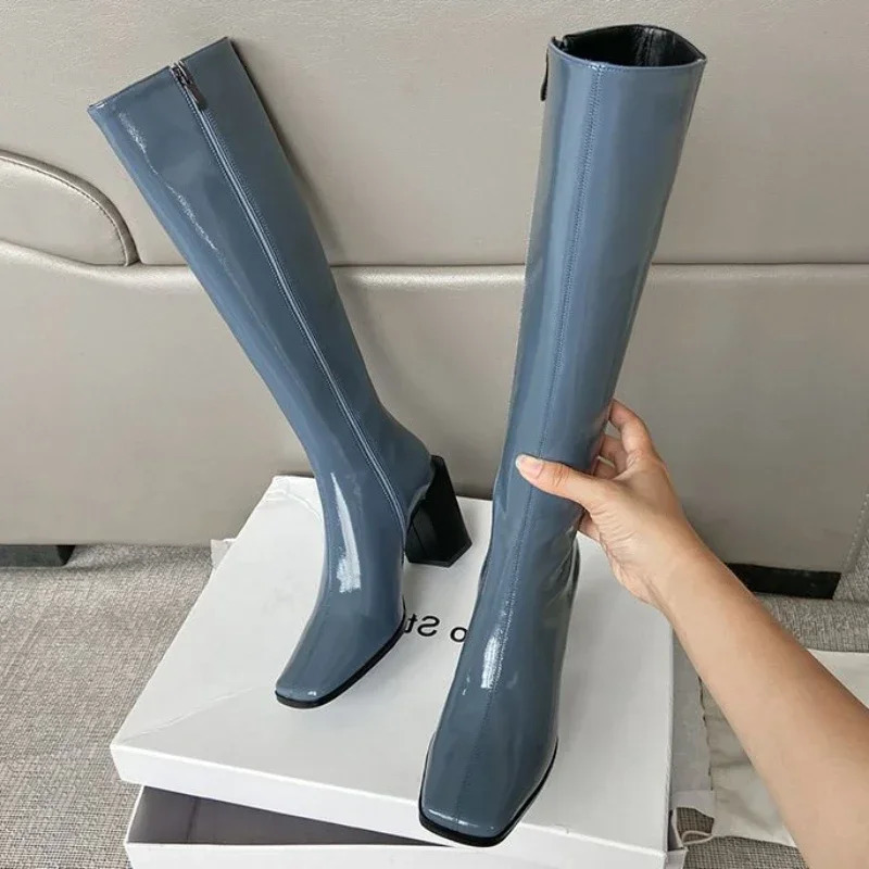 Footwear Blue Ladies Boots Winter Knee High Shaft Shoes for Women Square Toe Long Spring Autumn Fashion Work Trend 250118