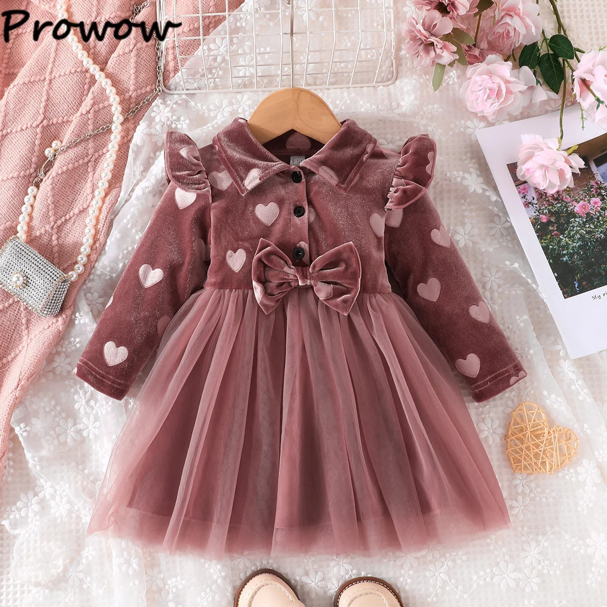 Baby Winter Dresses Long Sleeve Heart Print Velvet Dress For Girls TurnDown Collar Bows Princess born Kids Clothes 250117