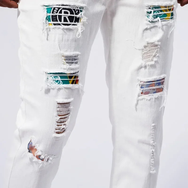 Men White Jeans Ripped Slim Pants 97% Cotton Patchwork Hip Hop Fashion Punk Hole Elasticity Denim Trousers Male Streetwear 250121