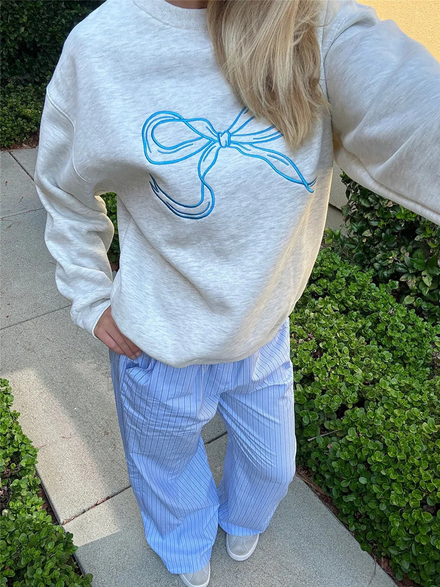 Cute Pink Bow Prints Hoodie for Women Fall Casual Loose Round Neck Long Sleeve Sweatshirts Female Spring Pullovers Tops Coat Y2K 250107