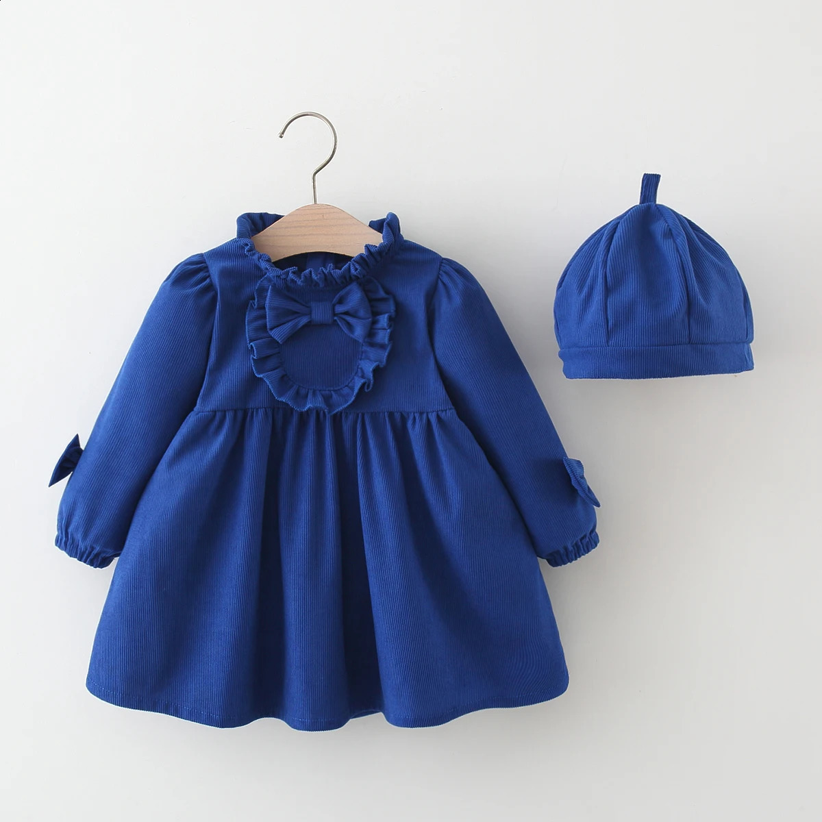 Winter Girls Dress Lace Pleated Bow Solid Color TwoPiece LongSleeved Cap Puffed Sleeve Neckline 250117