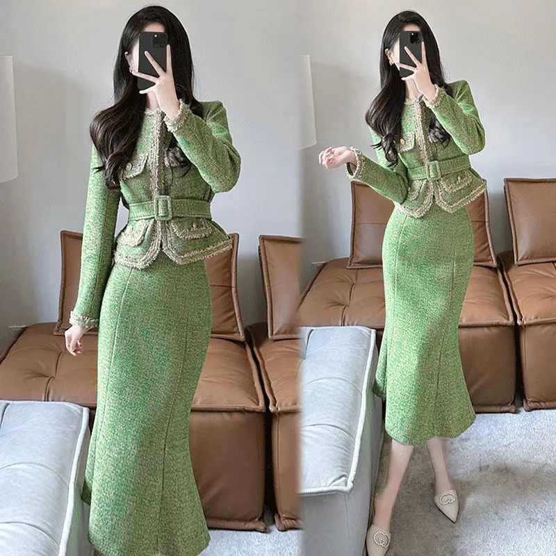 Autumn Style Mouth Cute Decorative Long Sleeved Knitted Jacket Blazer Lim Fit Skirt Elegant Womens Skirt Set Office Outfits 250122