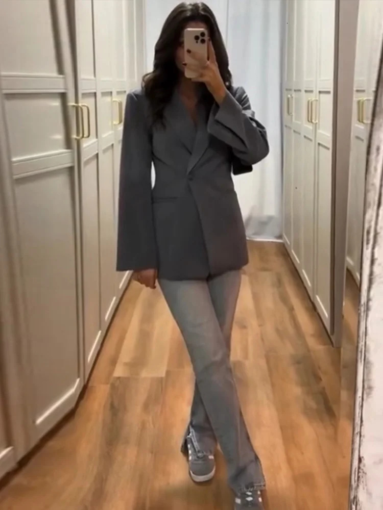 One Button Waist Cinched Suit Coat Jacket VNeck Pleats Commuting Fashion Minimalism Women Overcoat Professional Formal Attire 250122