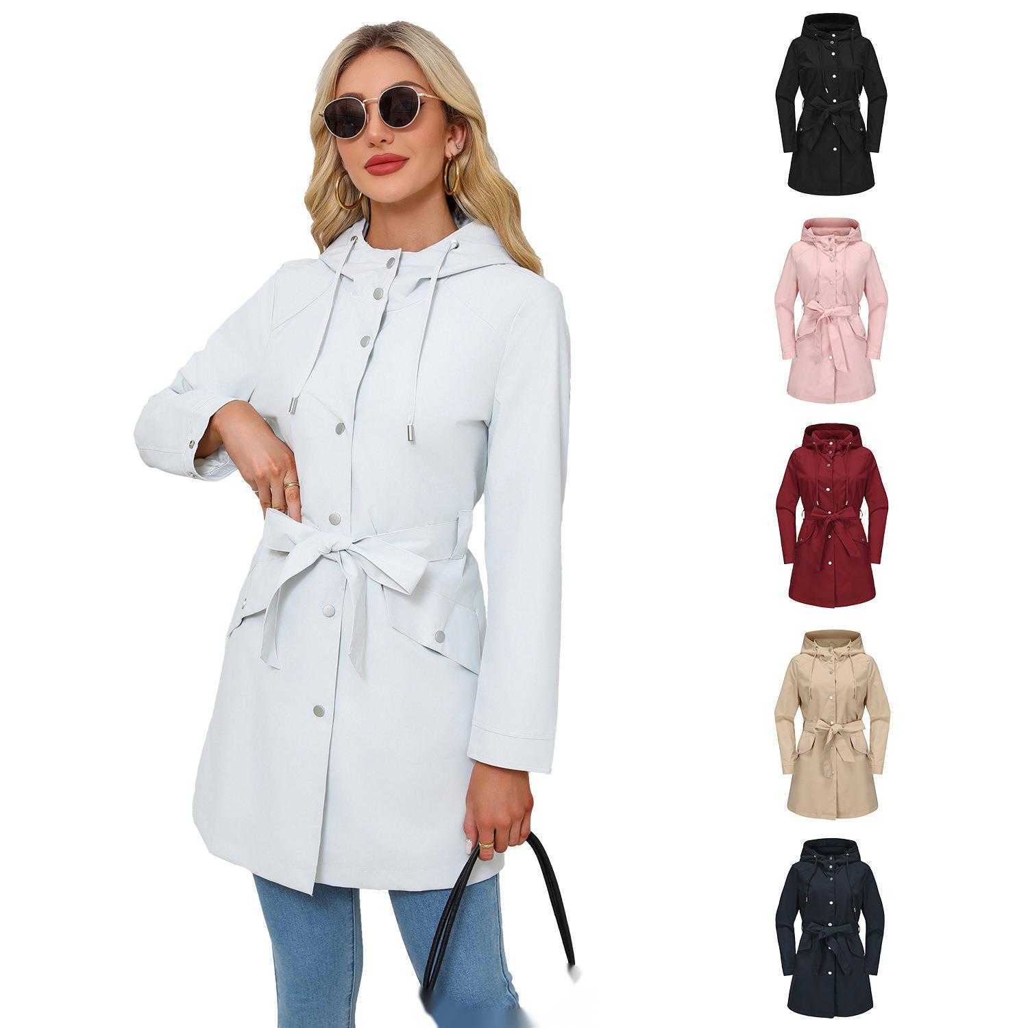 Spring Autumn Hooded Waterproof Jacket with Belt Thin Casual Loose Windbreaker for Women Womens Long Trench Coat Womens Jacket 241209