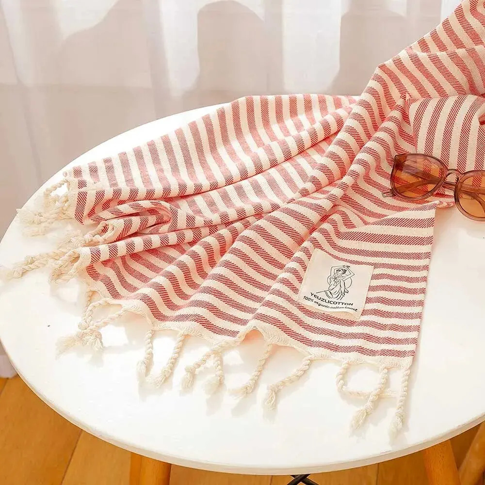 YEUZLICOTTO Striped Cotton Turkish Sport Bath Towel with Tassels Travel Gym Camping Sauna Beach Pool Blanket Absorbent Easy Care 250120