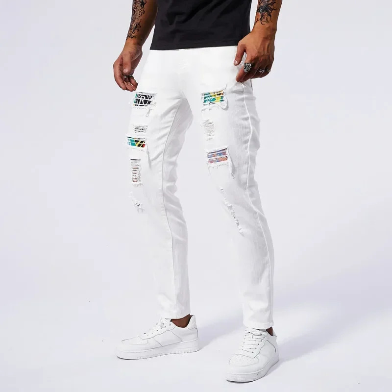 Men White Jeans Ripped Slim Pants 97% Cotton Patchwork Hip Hop Fashion Punk Hole Elasticity Denim Trousers Male Streetwear 250121