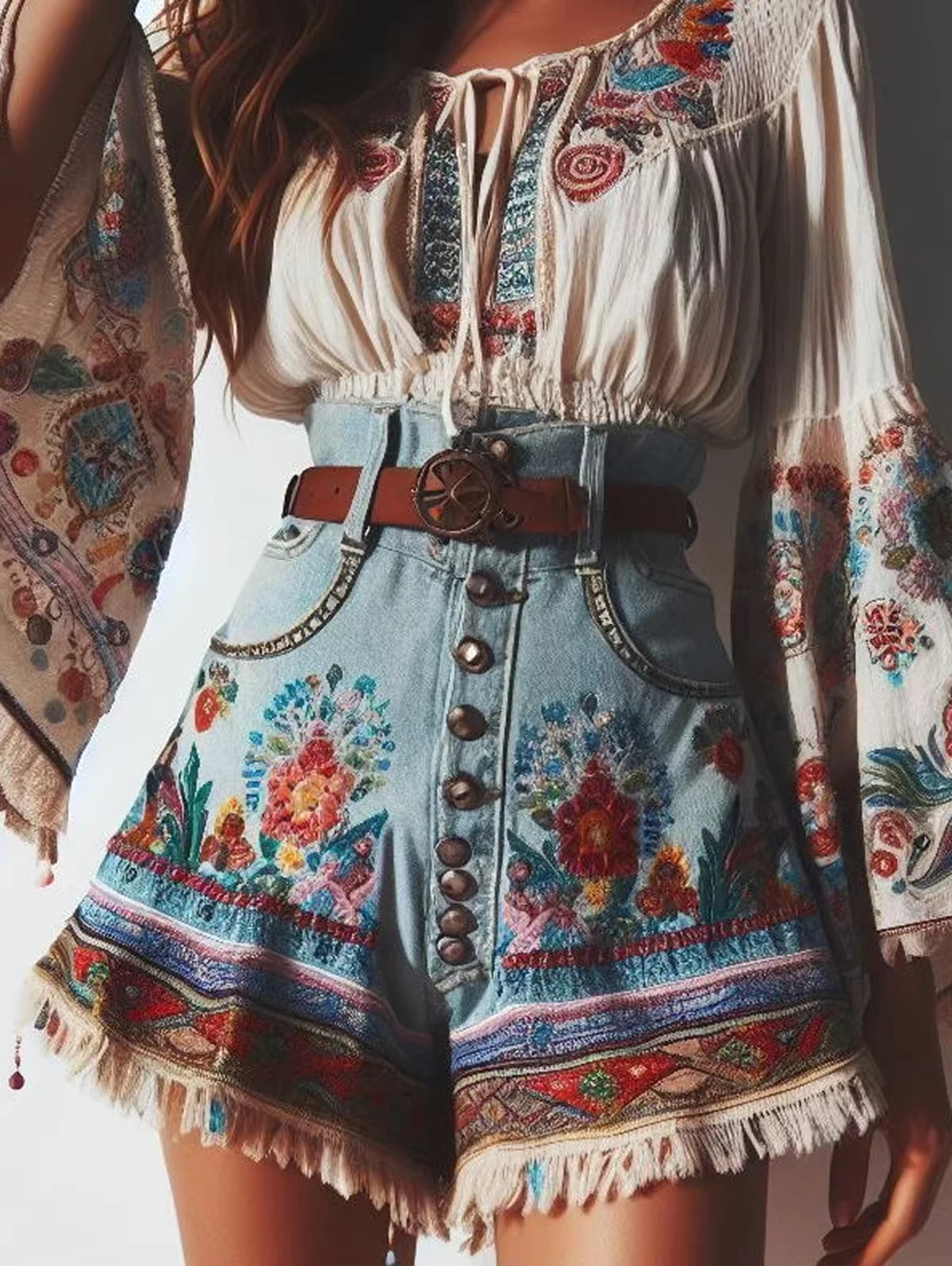 Summer Boho Shorts Fashion High Waisted Tassel Ral Pattern Print Button Design Classic Bohemian Style Women's Pants