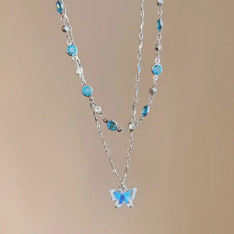 XINYI Romantic Blue Crystal Butterfly Necklace for Women Girls Simple Shiny Zircon Bilayer Choker Clavicle Chain Fine Jewelry 250114