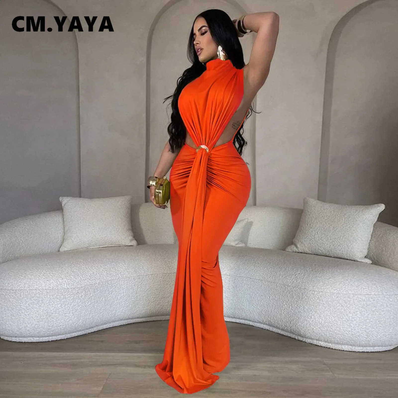 CMYAYA Women Oneck High Split Ruched Stacked Bodycon Midi Maxi Dress 2024 Evening Party Club Vestidos Sexy Chic Long Dresses 250121