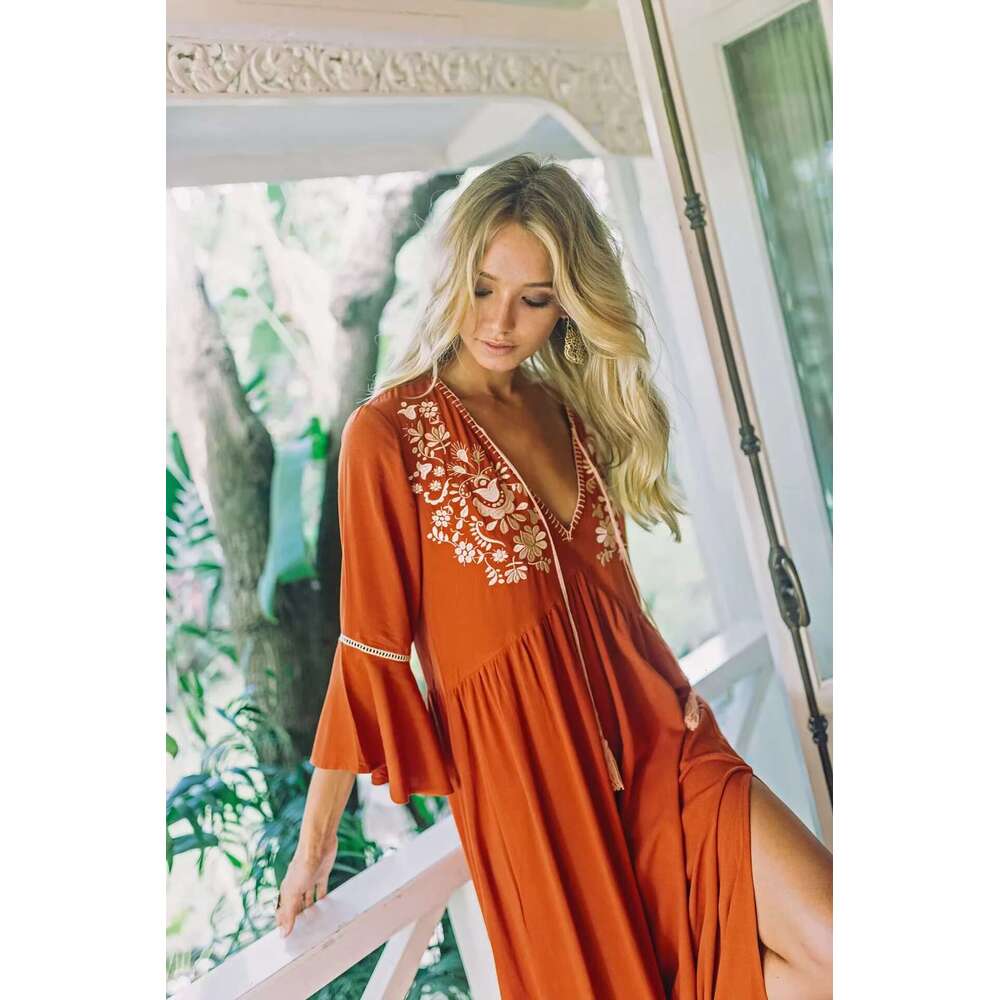 Women's Boho Long Cotton Ral Embroidery Maxi V-Neck Slim Holiday Vestidos Free Style Summer Chic Dress Robes