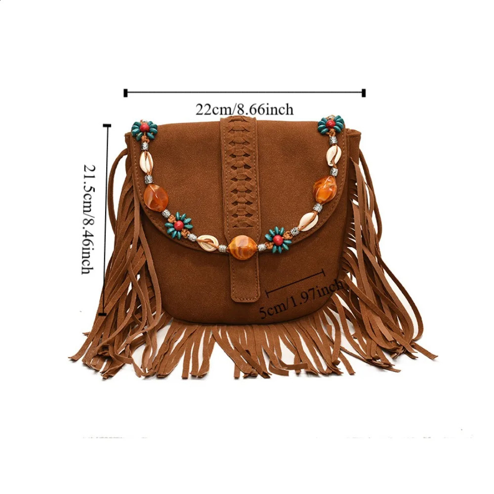 Ethnic Style Bohemian Ruffle Cross Bag Retro Suede Bohemian Saddle Bag Matte Brown Tassel Shoulder Bag 250109