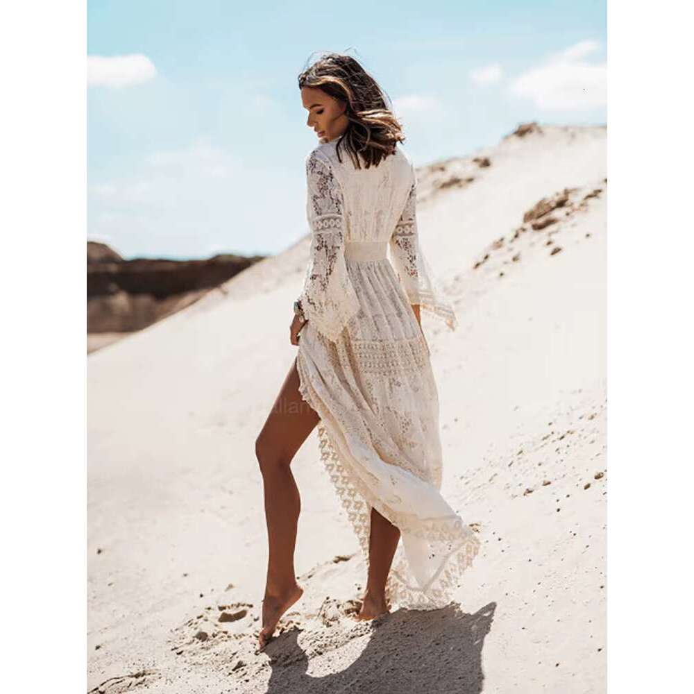 Women's Lace Beach Vintage Flare Sleeve Hollow Out Boho Maxi Dress With Tassel Romantic Vacation Vestidos