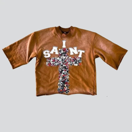 Y2K Brown Three Quarter Sleeve Tops Harajuku Retro Cross Graphic Print Oversized T Shirt Gothic Rhinestone Clothes Men Women 250109