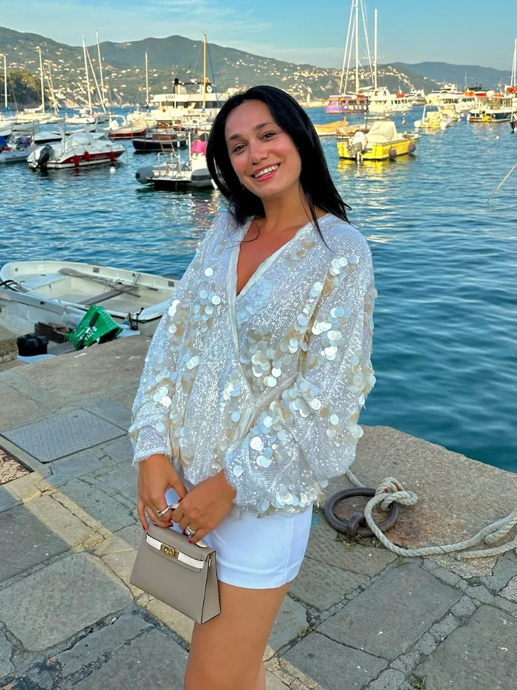 Women Fashion Sequin Lace Up Jackets Elegant V-neck Long Sleeve Shining Cardigan Coats 2025 Spring Female Chic High Street Tops 250109