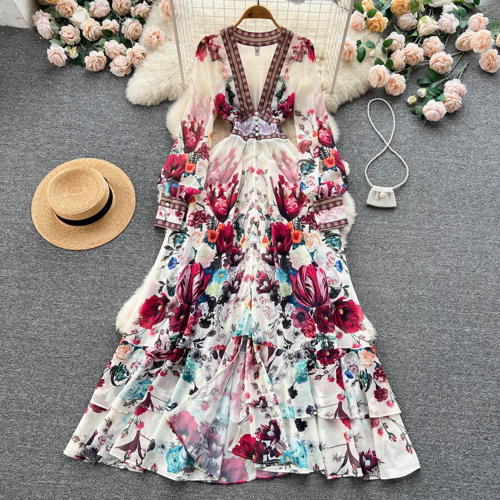Womens Deep V-Neck Bohemian Style Dress Spring Summer Runway Long Sleeve Casual Floral Print Ruffles Sweet Cascading Dresses 250117