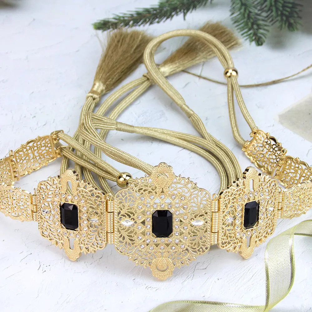 Sunspicems Chic Alloy Belt For Moroccan Bride Tassel Straps Rope Waist Chain Arabic Ladys Caftan Dress Body Chains Gold Color 250121