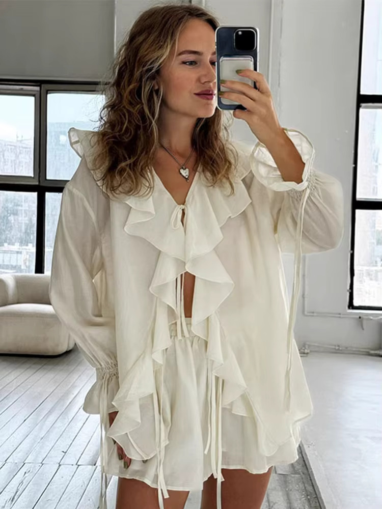 Casual Ruffles Shorts Suits Women Loose See Through V Neck Hollow Out Female 2025 Spring Fashion New Lace Up Sets Lady