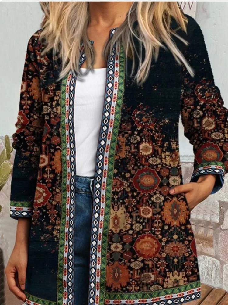 Autumn Winter Fashion Colorful Boho Floral Print Open Front Cardigan Casual Loose Long Sleeve Lightweight Jacket With Pockets 250113
