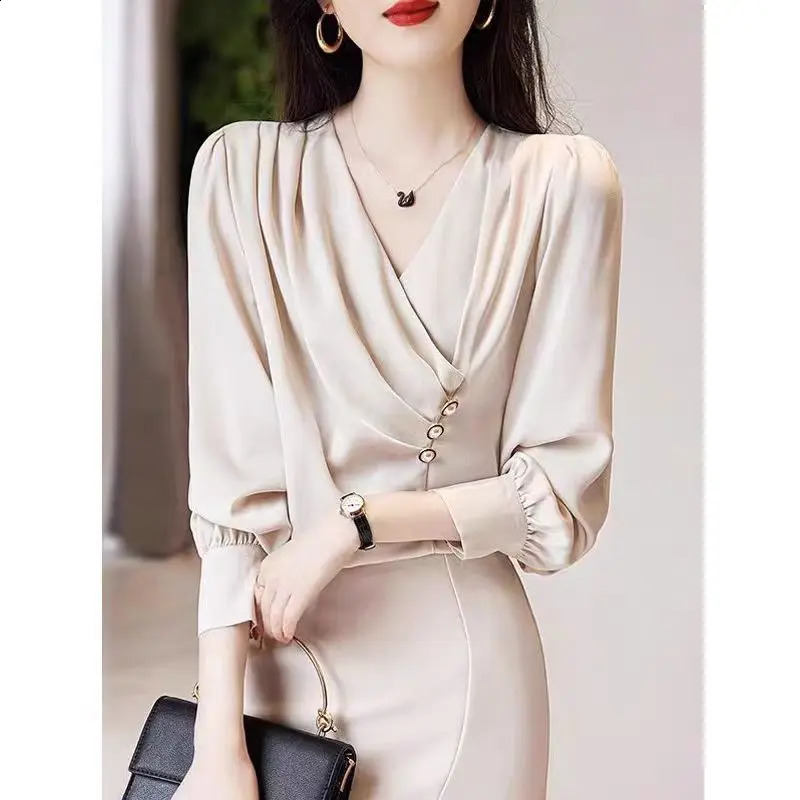 Womens Satin Blouse Solid Color Long Sleeve V-neck Shirts Office Lady Wear Elegant Female Clothes Spring Fashion Top 250107