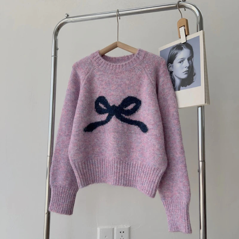 Gray Bow Round Neck Pullover Inner Wear Sweater Women Autumn and Winter Small Soft Glutinous Base Knit 250206