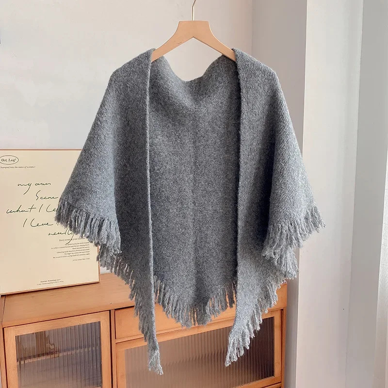 autumn winter tassel shawl for womens outerwear versatile triangular scarf for warmth and neck protection Gray 250121
