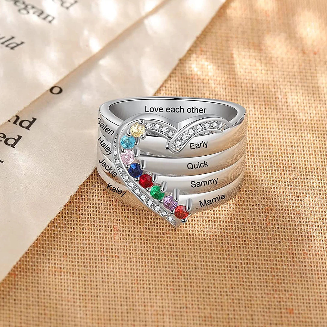 Personalized 1-8 Birthstone Ring Silver Heart Custom Carving Mothers Day Aniversary Jewelry Surname 250110