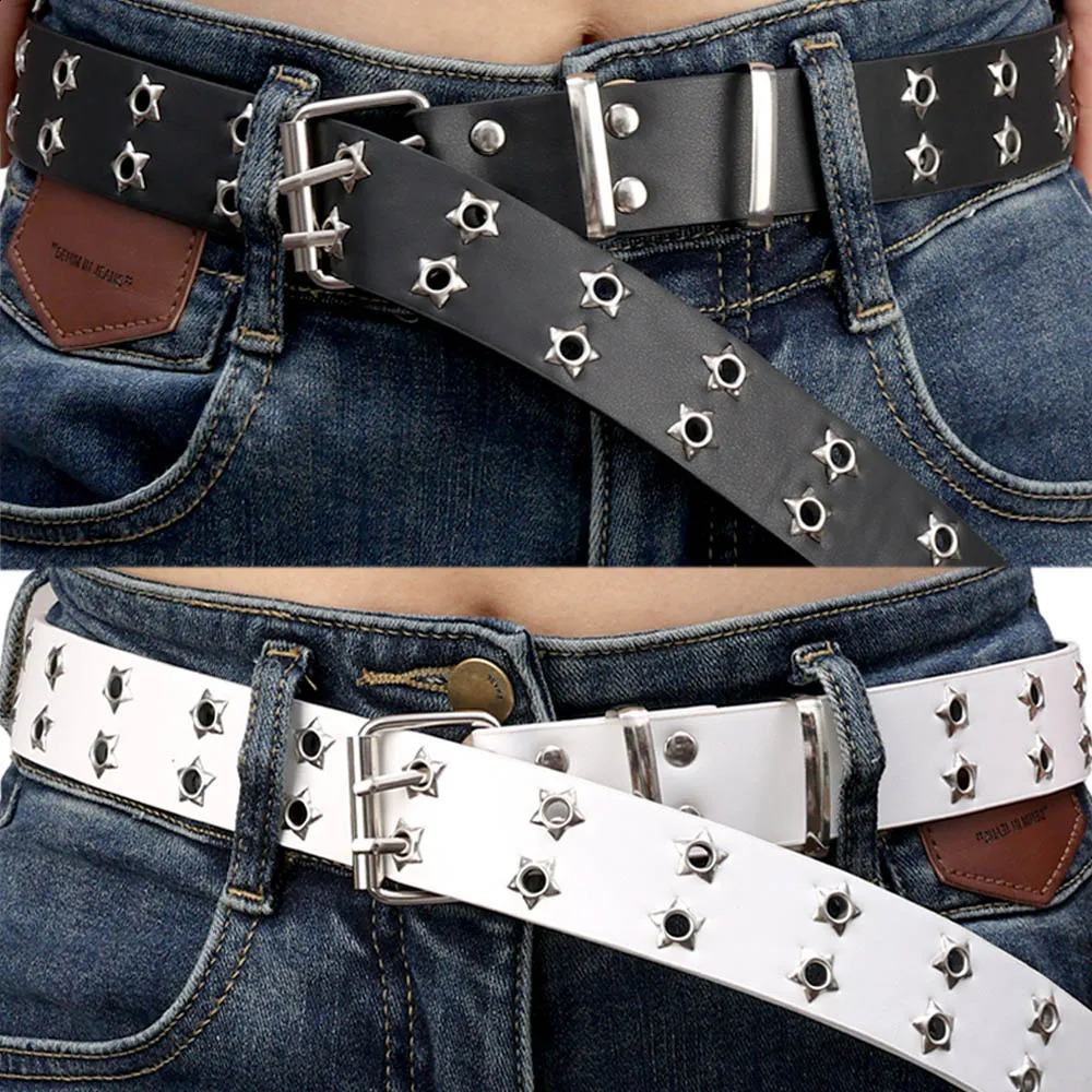 110cm Waist Belt Y2K Punk Rivet Leather Men Star PU Black White Strap Double Row Hollow for Jeans Skirt Decor 250114