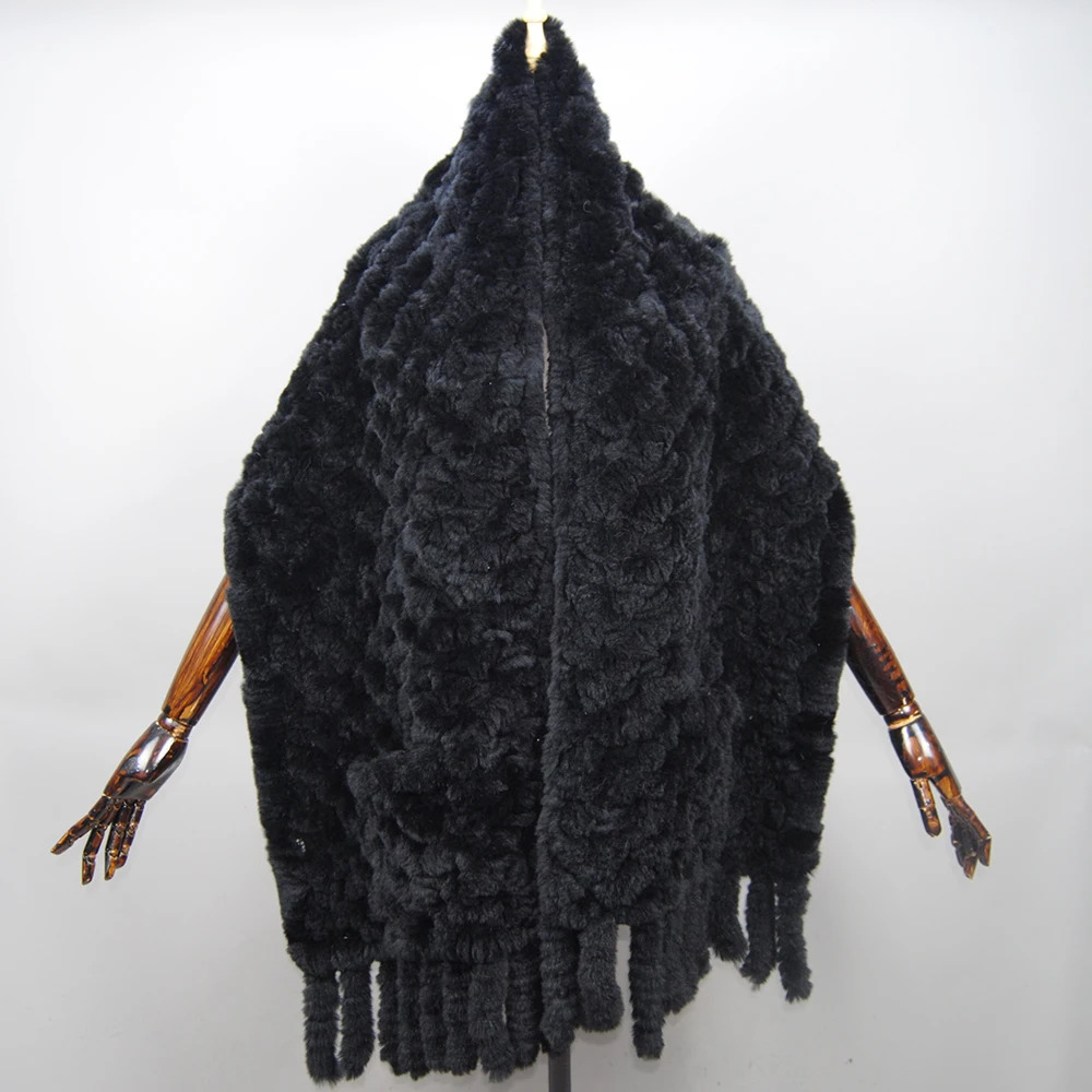 2025 Winter Knitted Real Rex Rabbit Fur Scarf with Pocket Wide Women Natural Rabbit Fur Tassel Shawl Warm Long Fur Scarves 250120ww