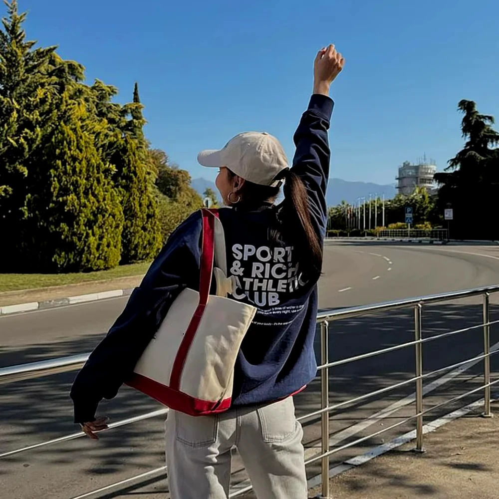 ZESSAM Letter Print Sweatshirt Womens Long Sleeve Sports Club Pullover Vintage Casual Cotton Top 250122