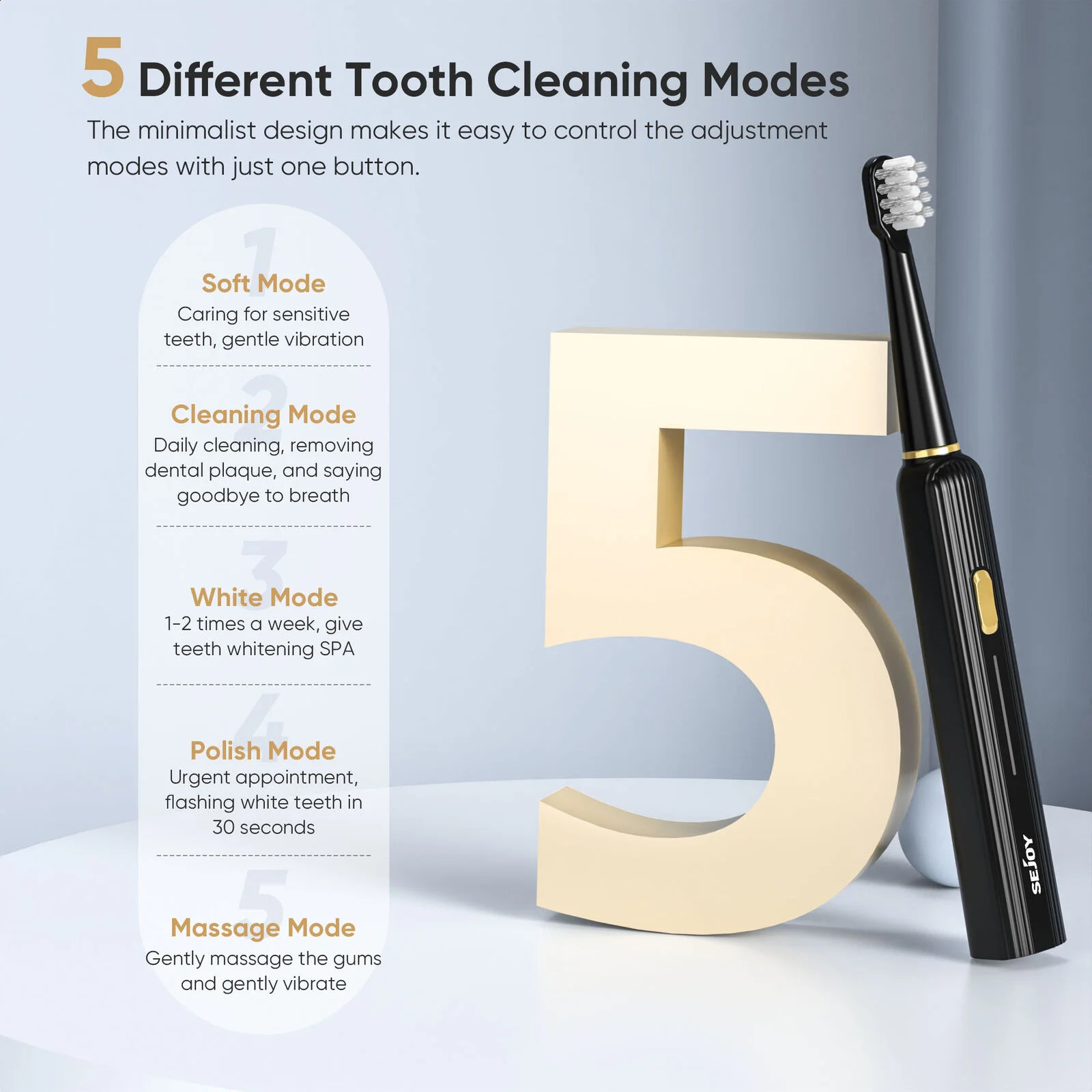Sejoy Electric Toothbrush with 12 Brush Heads 5 Cleaning Modes 2 Minutes Built in Smart Timer Sonic 250115