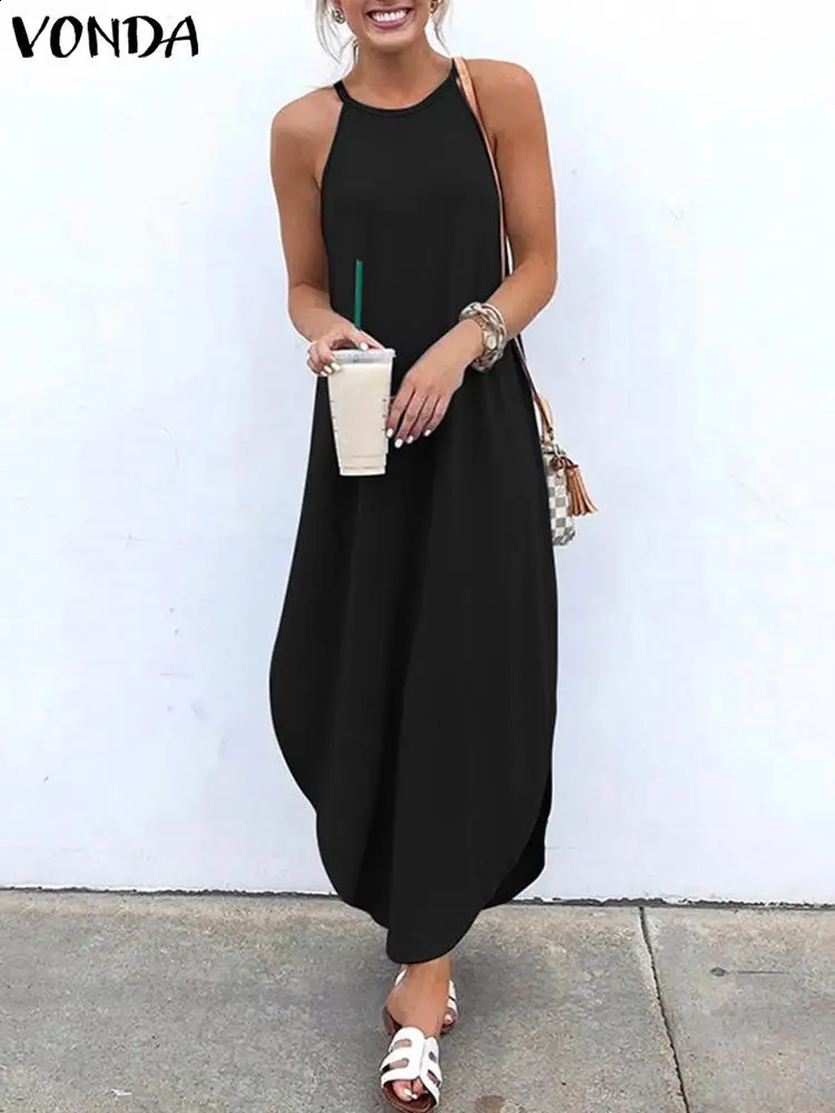 VONDA Women Halter Sundress Summer Bohemian Maxi Long Dress Solid Casual Loose Sexy Sleeveless Backless Beach Robe Femme 250117