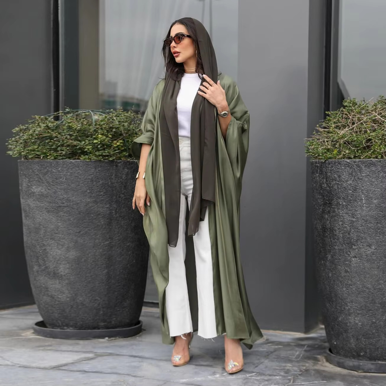 2025 New Batwing Sleeve Open Kimono Abaya Muslim Ramadan Dress Eid Islamic Solid Cardigan Moroccan Women Robe Clothing Vestidos