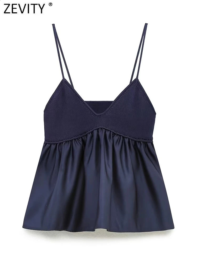 Zevity Women Sexy V Neck Knitting Patchwork Hem Pleats Sling Smock Blouse Female Shirt Blusas Chic Tops LS3689 250121