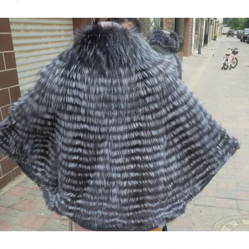 Silver Fox Fur Cape for Women Winter Furry Shawl with Zipper Fluffy with Fur Collar Fashion Furry Fluffy 250120
