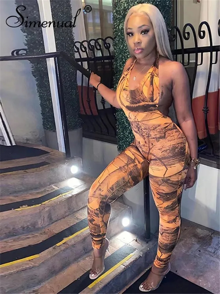 Simenual Backless Sexy Print Sleeveless Two Piece Sets Women Midnight Clubwear Bodycon Slim Bodysuit and Pants Matching Set 250122