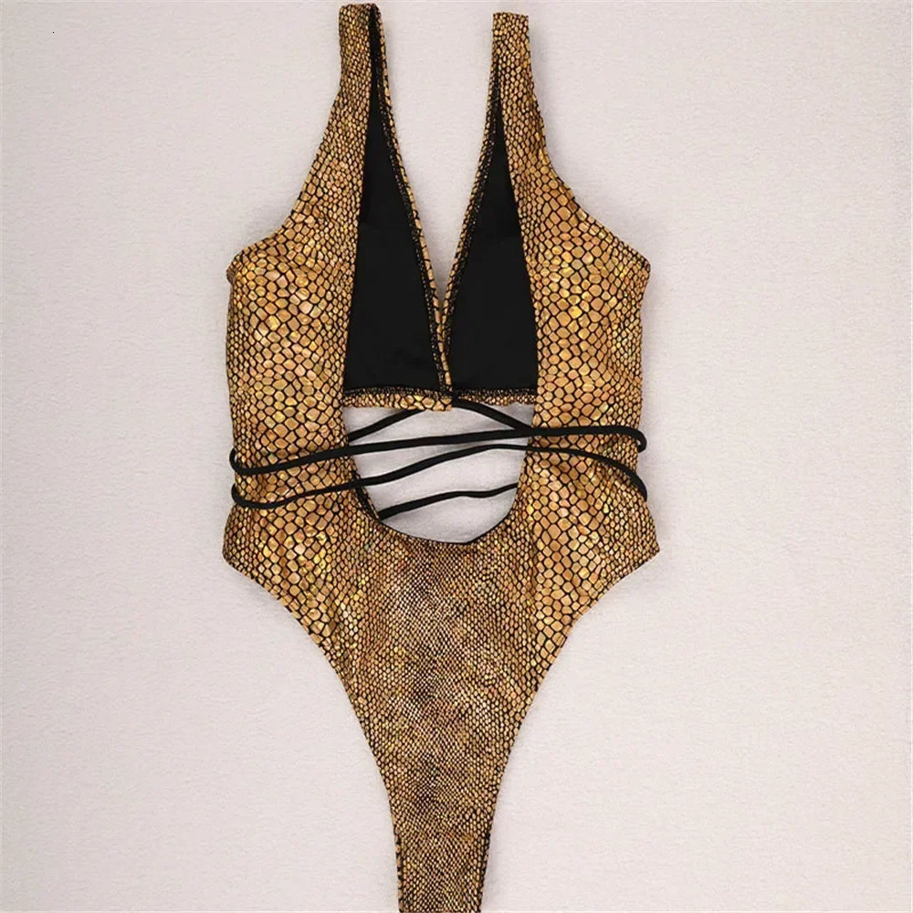 Sexy Gold Snake Print Shiny Swimwear Cut Out Monokini One Piece Swimsuits Women 2024 String Cross Bathing Swimming Suit Bodysuit 250113