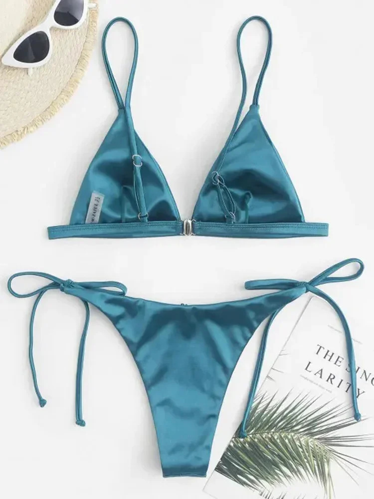 Metallic Satin High Cut Brazilian Bikini Women Swimwear Female Swimsuit Two-pieces Bikini Set Bathing Suit Swim Beach Wear 250107
