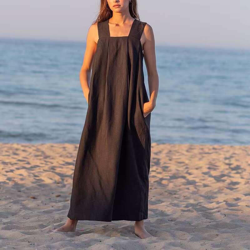 Spring Cotton And En Square Collar Solid Color Straight Style Loose Sleeveless Overall Maxi Dress
