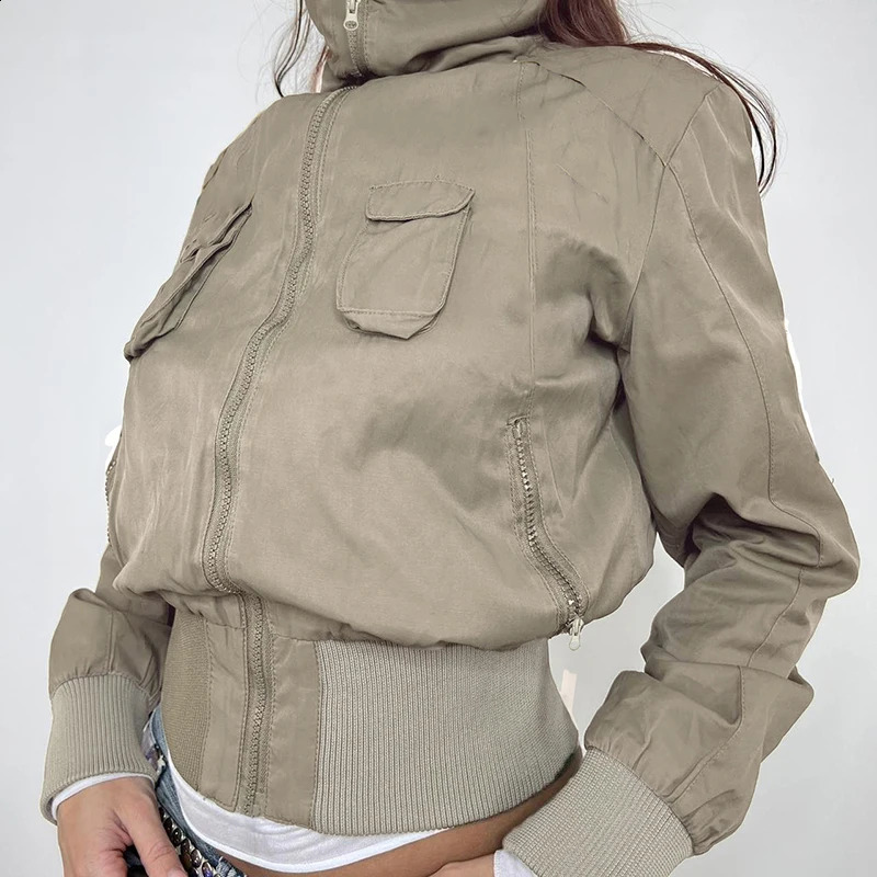 CIBBAR Khaki Zip Up Turtleneck Jacket y2k Streetwear Patchwork Pockets Cropped Jackets Women Casual Coats Vintage 2000s Clothing 250118
