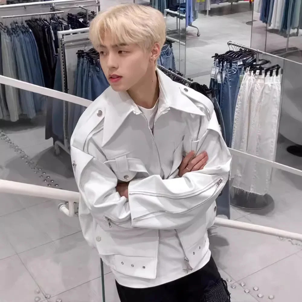 Vintage American Style White Leather Jacket For Men Trendy High-End Feel Cropped Motorcycle Jacket Spring Autumn Loose Fit 250109